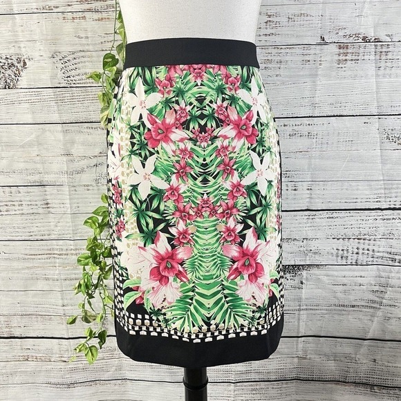 Alfani Skirt sz 12 Pink Green Floral Straight Pencil Stretch Knee Church Wedding - Picture 1 of 11